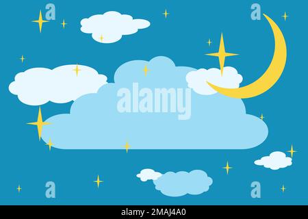 Halbmond, Sterne und Wolken am Mitternachtshimmel. Nachthimmel im Hintergrund. Papierkunststil. Vektordarstellung. Stock Vektor