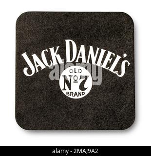 CHISINAU, MOLDAWIEN -05. Februar 2016: Beermat von Jack Daniels. Jack Daniel's ist eine Marke von Sauermash Tennessee Whiskey, der am häufigsten verkauft wird Stockfoto