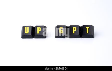 Auf der Tastatur steht "GPT hoch". „Up Gpt“-Aufschrift Auf Schlüsseln, Die Auf Weißem Hintergrund Isoliert Sind Stockfoto