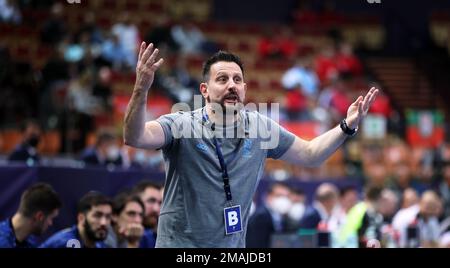 Kattowitz, Polen. 19. Januar 2023. Handball: Weltmeisterschaft, Deutschland - Argentinien, Hauptrunde, Gruppe 3, Spieltag 1 bei Spodek Katowice. Argentiniens Trainer Guillermo Milano reagiert. Kredit: Jan Woitas/dpa/Alamy Live News Stockfoto