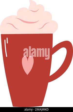 Keramikbecher mit heißem Getränk und Schlagsahne im flachen Cartoon-Stil. Handgezeichnete Vektordarstellung von Kaffee, Kakao, Mokka, Milchshake. Stock Vektor