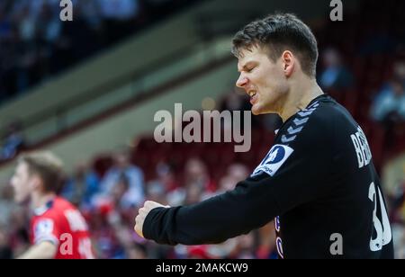 Kattowitz, Polen. 19. Januar 2023. Handball: Weltmeisterschaft, Norwegen - Serbien, Hauptrunde, Gruppe 3, Spieltag 1 bei Spodek Katowice. Torbjorn Bergerud Prost., Norwegens Torwart Kredit: Jan Woitas/dpa/Alamy Live News Stockfoto