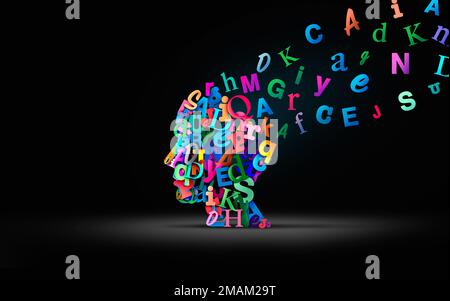 Leseverständnis und Lesen lernen oder Sprache sprechen und autistisches Spektrum oder Dyslexie-Syndrom-Konzept als menschlicher Kopf aus Alphabet Stockfoto