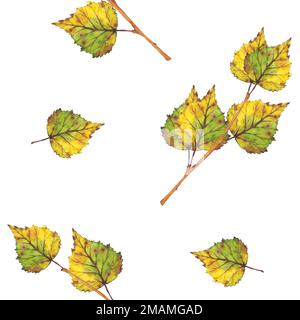 Nahtloses Muster. Zweig mit gelben Herbstblättern. Aquarelldarstellung. Clip Art Blattwerk in der Botanik. Herbstbild für Grußkarten, Hochzeit Stockfoto