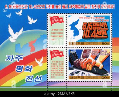 2009 orth Korea Stempelset. Nordkoreanischer Zeitungsartikel. Frieden und Wiedervereinigung. Stockfoto