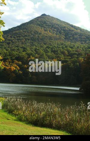 Blue Ridge Parkway, Virginia, USA. Blick auf Abbott Lake und Sharp Top im Herbst. Stockfoto