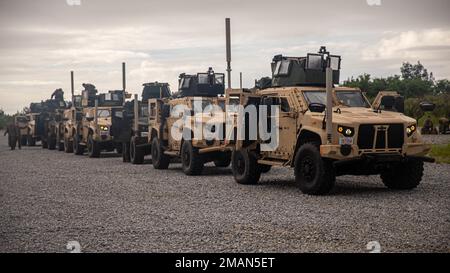 USA Marines mit Battalion Landing Team 2/5, 31. Marine Expeditionary Unit bilden einen Konvoi während einer Zone Aufklärungsübung in Camp Hansen, Okinawa, Japan, 15. Juni 2022. Die Schulungsveranstaltung wurde durchgeführt, um die Kommunikation und die Effizienz der Mission zwischen den Einheiten in Vorbereitung auf potenzielle Szenarien aus der Praxis zu verbessern. Die MEU von 31., die einzige fortlaufend nach vorn verlegte MEU des Marine Corps, bietet eine flexible und tödliche Truppe, die bereit ist, als führende Krisenreaktionstruppe in der Region Indo-Pazifik ein breites Spektrum militärischer Operationen durchzuführen. Stockfoto