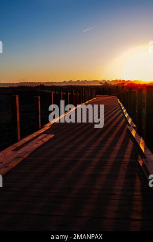 Ein Holzweg über einen Sandstrand führt in den Sonnenuntergang und die ferne Skyline. Stockfoto