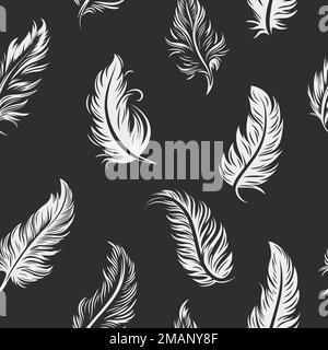 Nahtloses Vektormuster mit verschiedenen weißen, flauschigen Silhouetten auf schwarzem Hintergrund. Designvorlage für Flamingo, Angel, Vogelfedern für Stock Vektor