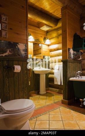 Toilette, Sockelwaschbecken und grüne freistehende Badewanne mit Rolltop im Hauptbadezimmer im Blockhaus im skandinavischen Stil. Stockfoto