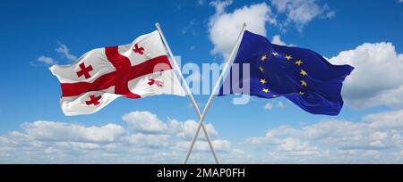 Zwei überkreuzte Flaggen die Europäische Union und Georgien winken im Wind am bewölkten Himmel. Beziehungskonzept, Dialog, Reisen zwischen zwei Ländern. 3D i Stockfoto