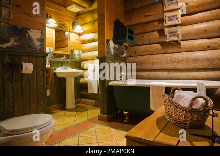 Toilette, Sockelwaschbecken und grüne freistehende Badewanne mit Rolltop im Hauptbadezimmer im Blockhaus im skandinavischen Stil. Stockfoto