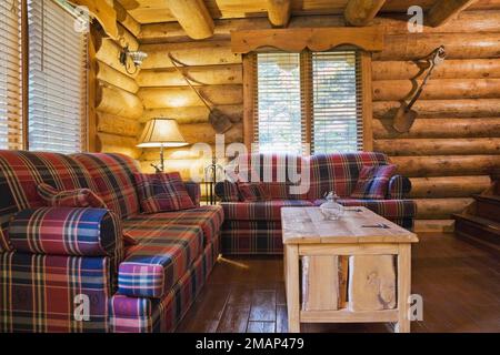 Rote und blaue Schottensofas mit rustikalem Holzkästen-Couchtisch im Wohnzimmer im Blockhaus im skandinavischen Stil. Stockfoto