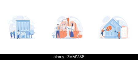 Qualifizierte Krankenschwester und ältere Menschen erhalten rund um die Uhr Pflege, männlicher Patient mit anaphylaktischen Symptomen und Arzt mit Vergrößerung, Arbeiter Witz Stock Vektor