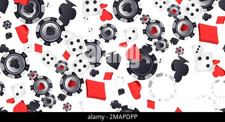 Fallende Kartenkostensymbole, Poker-Chips und Würfelwürfel auf Weiß. Nahtloses Muster mit Diamanten-, Schläger-, Herz-, Pik- und Spielmarken mit sy Stock Vektor