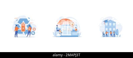 Umweltfreundlicher Akku, umweltfreundlicher Akku, innovatives Ökodesign-Konzept, Geschäftsleute arbeiten mit Laptops, die vor internetbasierten Risiken geschützt sind, S. Stock Vektor