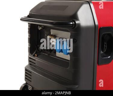 Tragbarer Benzingenerator auf weißem Hintergrund, Nahaufnahme Stockfoto