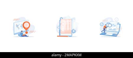 Weltweiter Lieferservice, Online-Dokumentenformular, Geschäftsanalyse, Diagrammanalyse, Statistiken, Legen Sie einen flachen Vektor mit moderner Illustration fest Stock Vektor