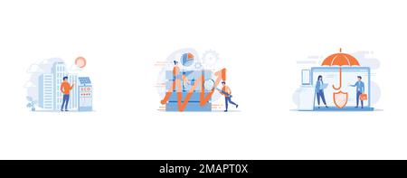 Geschäftsleute, die elektronische Geräte unter Schirmschutz verwenden, stellen moderne Flachvektoren auf Stock Vektor
