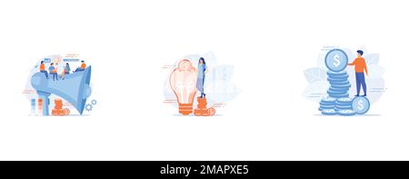 Digitales Marketingteam mit Laptops und Glühbirnen, Kapitalinvestitionen, Sponsoring, Finanzmanagement, flacher Vektor, moderne Illustration Stock Vektor
