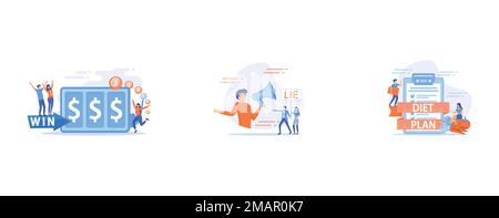 Glückspilze, winzige Leute, die spielen und Geld gewinnen an Spielautomaten mit Dollarzeichen, Geschäftsmann mit riesigen Megafon-Betrügern und winzige Leute, die Wort "l" in der Hand haben Stock Vektor