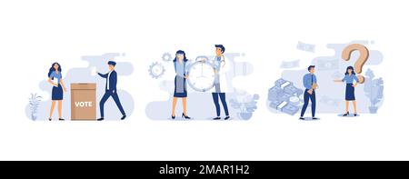 Wähler halten Wahlzettel in der Hand, glücklicher Arzt und Patient halten Wecker, Frau fragt Mann mit goldenem Becher nach Geld, se Stock Vektor