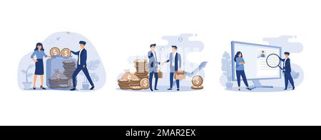 Sparkonzept, zwei Geschäftspartner, die Hand schütteln, winziger HR-Manager, der nach einem Kandidaten für eine Stelle sucht, flacher Vektor, moderne Illustration Stock Vektor