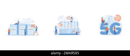 Rechenzentrumsingenieure und Administratoren, die mit Servern arbeiten, Geschäftsmann am Tisch, der ein Notebook mit ethernet-Verbindung verwendet, und 5G-Netzwerk Stock Vektor