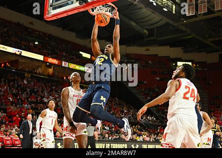 19. Januar 2023: Michigan Wolverines Forward Tarris Reed Jr. (32) dunkelt den Ball während des NCAA-Basketballspiels zwischen den Michigan Wolverines und den Maryland Terrapins im Xfinity Center in College Park, MD. Reggie Hildred/CSM Stockfoto