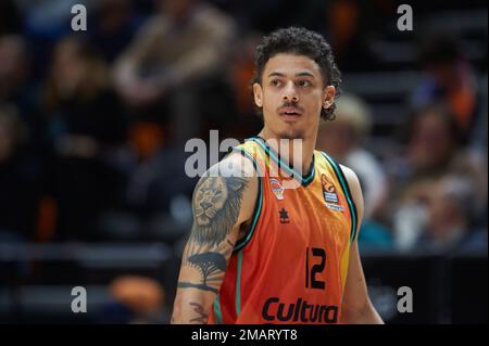 Valencia, Spanien. 19. Januar 2023. Jonah Radebaugh vom Valencia Basket, gesehen während der Turnier-Runde 2022/2023 der Turkish Airlines 4 zwischen Valencia Basket und dem Team von Partizan Belgrad am Municipal Court Fuente de San Luis. (Endstand: Valencia Basket 89:81PArtizan Belgrad) (Foto: Germán Vidal/SOPA Images/Sipa USA) Guthaben: SIPA USA/Alamy Live News Stockfoto