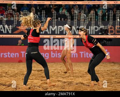 Switzerland's Tanja Huberli and Nina Brunner react during the Women's Beach  Volleyball gold medal match against Latvia's Tina Graudina and Anastasija  Kravcenoka in the European Championships in Munich, Germany, Saturday, Aug.  20, 2022. ( AP ...