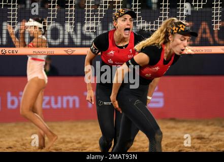 Switzerland's Tanja Huberli and Nina Brunner react during the Women's Beach  Volleyball gold medal match against Latvia's Tina Graudina and Anastasija  Kravcenoka in the European Championships in Munich, Germany, Saturday, Aug.  20, 2022. ( AP ...