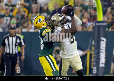 Green Bay Packers cornerback Kiondre Thomas (43) gets set on defense during  an NFL pre-season football game against the Kansas City Chiefs Thursday,  Aug. 25, 2022, in Kansas City, Mo. (AP Photo/Peter