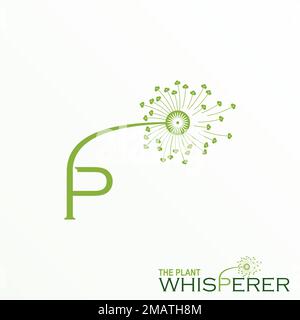 Einzigartiger Buchstabe oder Wort P ohne serifenfarbene Schrift und Löwenblume auf „vom Wind geblasene“ Grafik Logo Design abstraktes Konzept Vektorpflanze oder Initial Stock Vektor