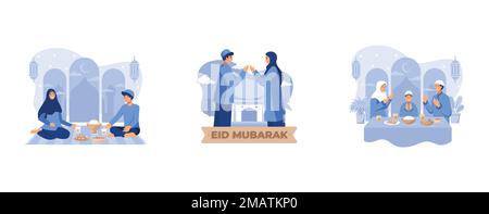 Ramadan-Karäem. Iftar Eating After Fasting Concept, Happy ramadan mubarak Grußkonzept mit People Charakter für Web Landing Page Template, Banner Stock Vektor