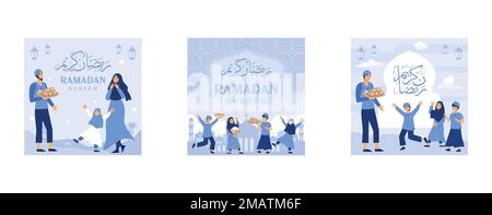 Iftar-Essen nach dem Fasten Festmahl-Partykonzept, Moslem-Familienessen auf dem Ramadan Kareem oder Feiern des Eid mit Menschencharakter, Website-Landing-Page-Temp Stock Vektor