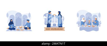 Ein muslimisches Paar betet vor dem iftar nach dem Fasten während des Ramadan Kareem Mubarak, Happy ramadan mubarak Grußkonzept mit People Charakter fo Stock Vektor