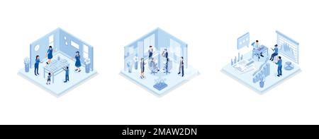 Frau mit Charakteren, die hausgemachten Kuchen in der Küche kocht, Geschäftsmann und Geschäftsfrau, die in Open Space Office, Financial adviso, arbeiten, diskutieren und sich treffen Stock Vektor