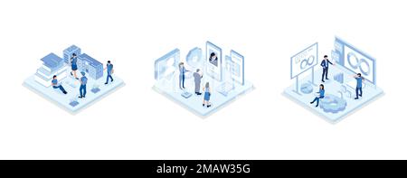 Studenten studieren online im Universitäts- oder Universitätscampus, Technologiekonzept für Gesichtserkennung, DevOps at Work-Konzept, isometrische Vektormodelle Stock Vektor