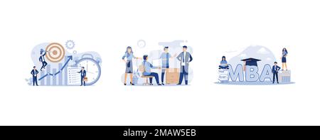 Winzige Leute mit Uhr, Checkliste und Zielscheibe, Business-Team diskutiert Projekt, Absolventen studieren Business Administration und Management, get Stock Vektor