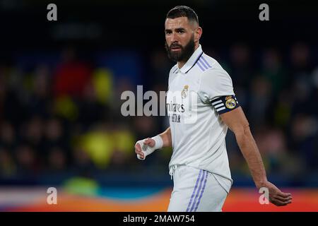 Villarreal, Spanien. 19. Januar 2023. Karim Benzema of Real Madrid reagiert während der spanischen Copa del Rey (King's Cup)-Runde 16 zwischen Villarreal CF und Real Madrid am 19. Januar 2023 in Villarreal, Spanien. Kredit: Str/Xinhua/Alamy Live News Stockfoto