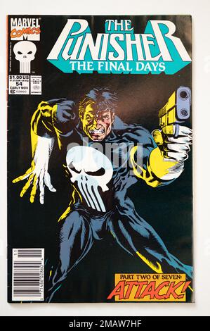 Calgary, Alberta - 14. Januar 2023: Titelseite eines klassischen Marvel Comics der Punisher-Comic. Stockfoto