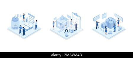 Freiwillige sammeln Münzen und Banknoten und legen sie in Spendenbehälter, Leute, die Stimmzettel in die Abstimmungsbox legen, Leute, die O erhalten Stock Vektor