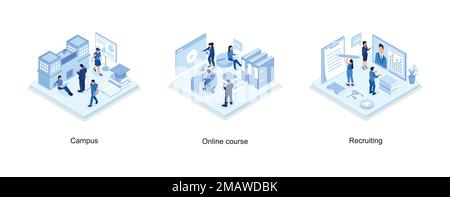Studenten im Universitätscampus Konzept mit Textstelle, Online-Bildungskonzept mit Textstelle, Banner für Personalbeschaffungskonzept mit Zeichen, isometrisch Stock Vektor