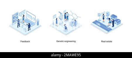 Personen, die fünf-Sterne-Feedback geben, Gentechnik-Konzept, App für die Suche nach Häusern für die Vermietung oder den Online-Kauf, isometrischer Vektormodus Stock Vektor