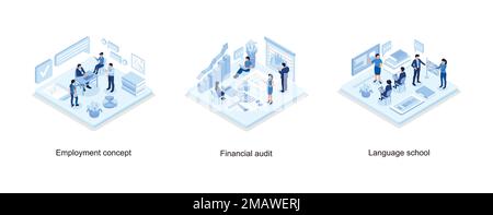 Beschäftigungskonzept mit Charakter, Finanzaudit-Geschäftskonzept, Sprachschule, isometrischer Vektor, moderne Illustration Stock Vektor
