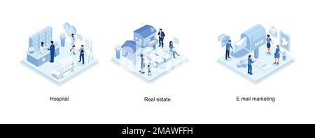 Krankenhausbau und Ambulanzwagen, Menschen investieren Geld in Immobilien, E-Mail-Marketing-Konzept, isometrische Vektoren moderne Illustration Stock Vektor