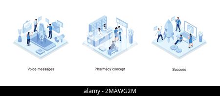 Sprachnachrichten-Konzept mit Zeichen- und Textposition, Arzt, Apotheker und Patient in der Drogerie, Startup-Konzept mit Raketenabschuss, isometrischer Vektor Stock Vektor