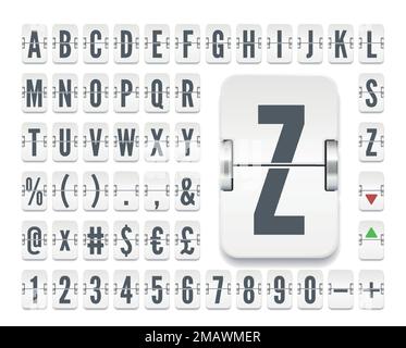 Das weiße Flipboard der Fluggesellschaft zeigt ein normales Alphabet an, auf dem die Aktienkurse angezeigt werden. Schrift der mechanischen Anzeigetafel des Flughafenterminals zur Anzeige von Abflug- und Finanzinformationen. Vektordarstellung Stock Vektor