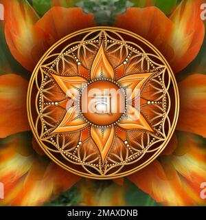 SAKRALCHAKRA (2. Chakra, Svadhisthana) zum mystischen Lebensblumen-Hintergrund. Stockfoto